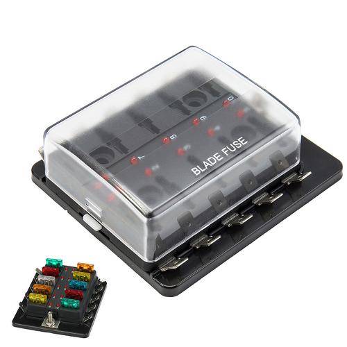 DTS - New Automotive Mini Blade Fuse Holder Box 10-Circuit Fuse Block LED Illuminated